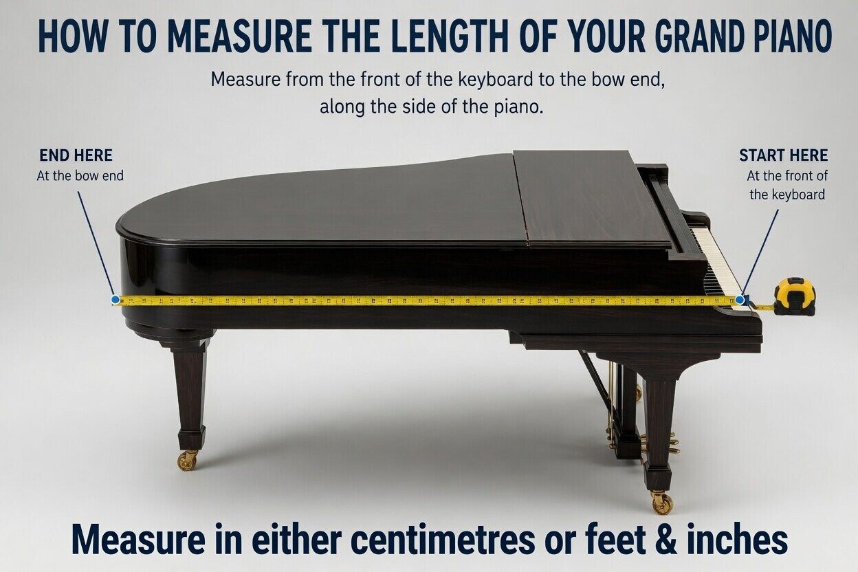Diagram showing a grand piano measured along its side from the front of the keyboard to the bow end