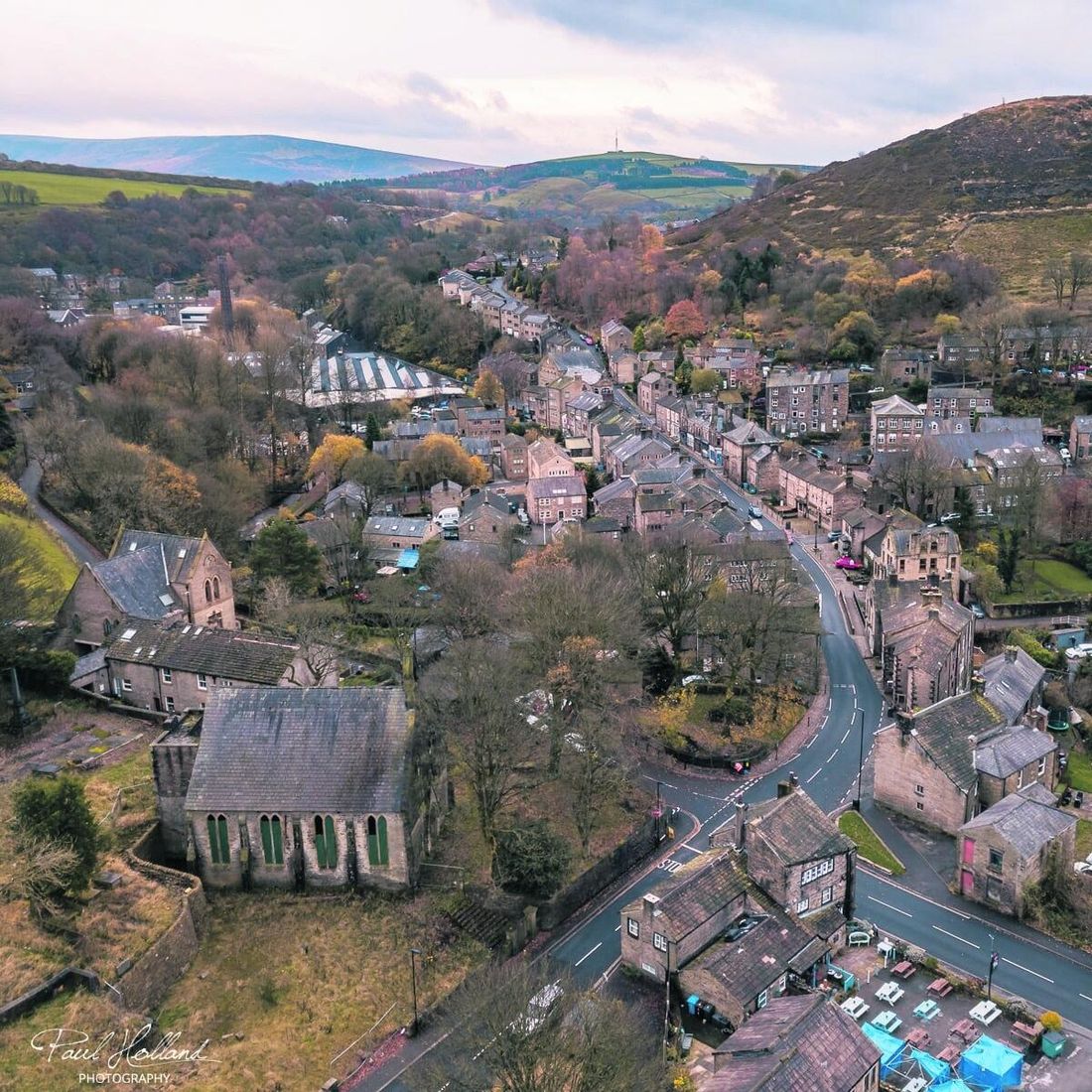 The village of Delph in Saddleworth from above